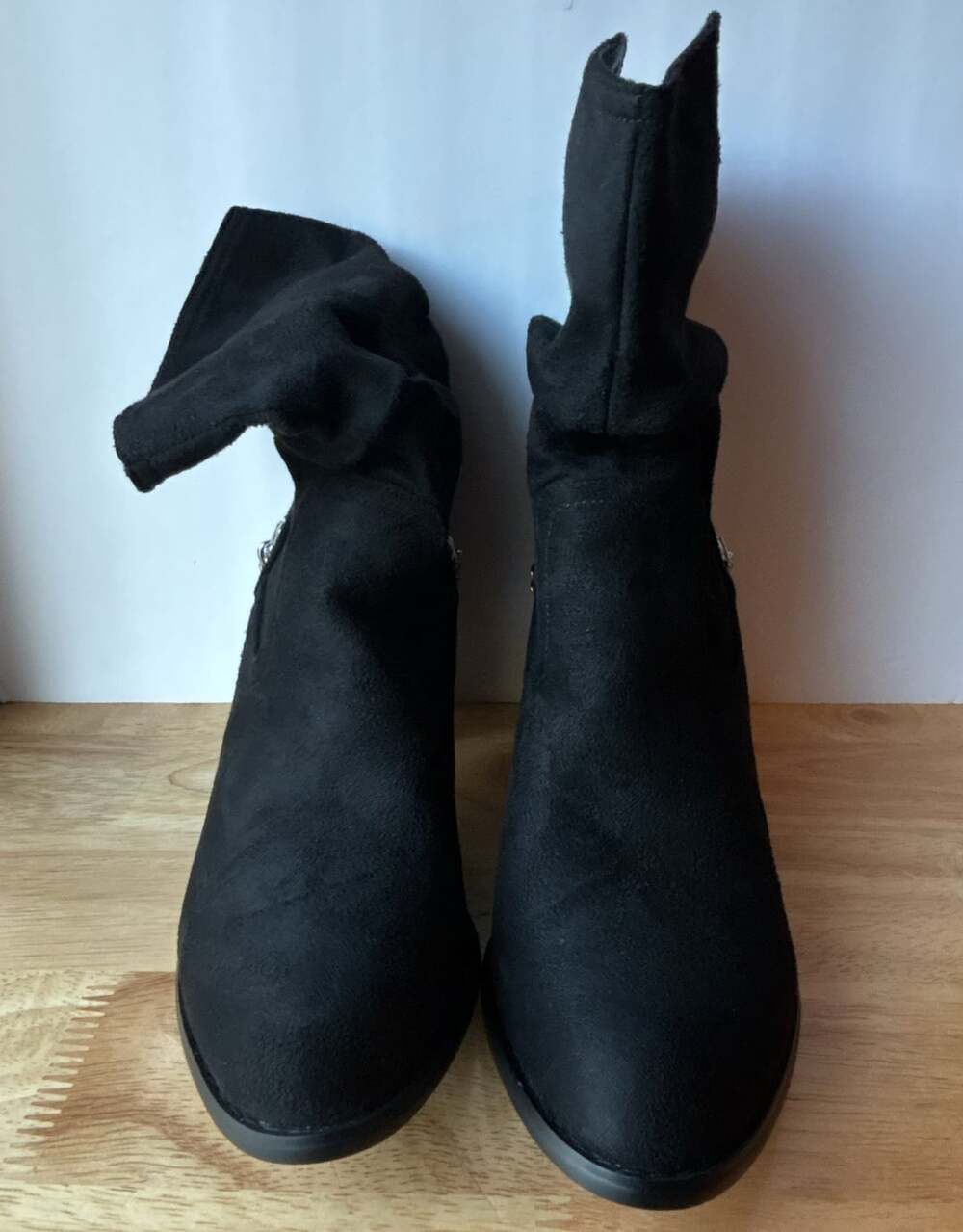 Women's Black Suede Slouchy Boots with Silver Chain and Block Heel Size 40